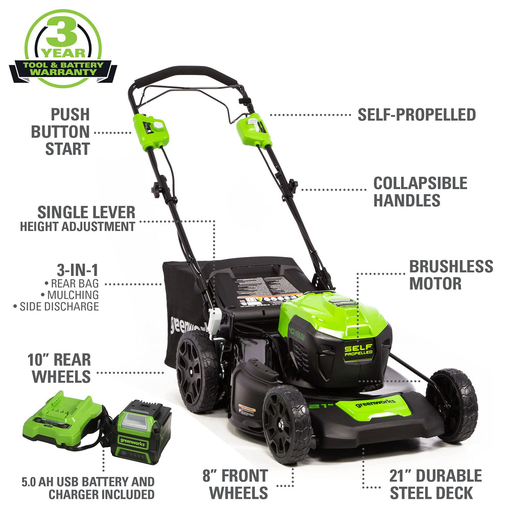 Greenworks closeup of 21-inch steel deck highlighting durable cut