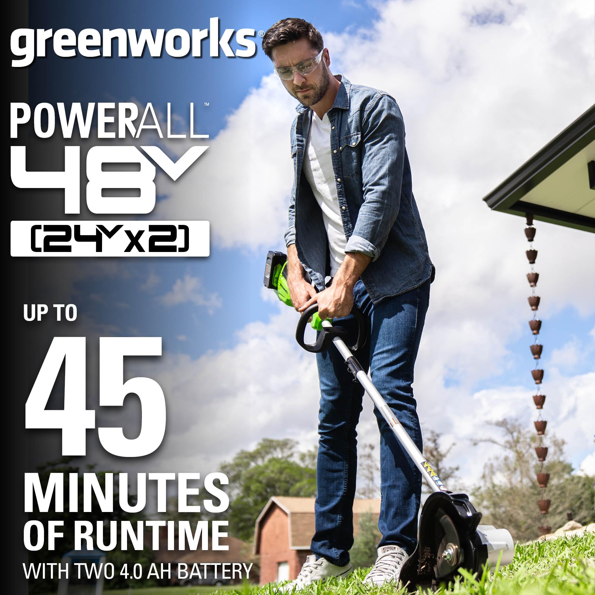 Greenworks tool-less depth adjustment close-up showing fast control benefit
