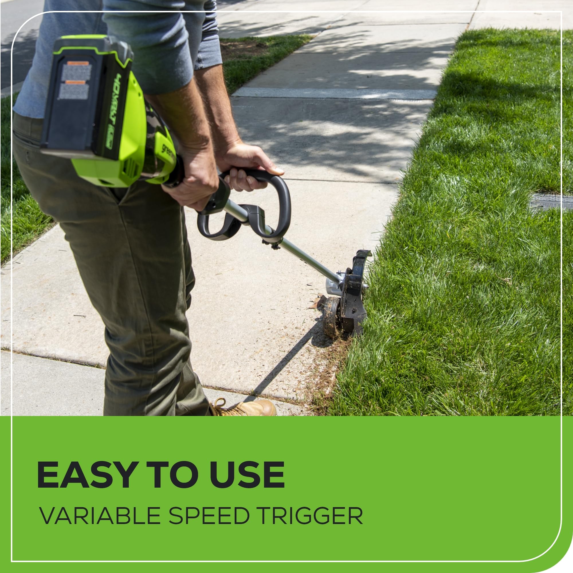 Greenworks battery mounted on tool for cordless runtime benefit