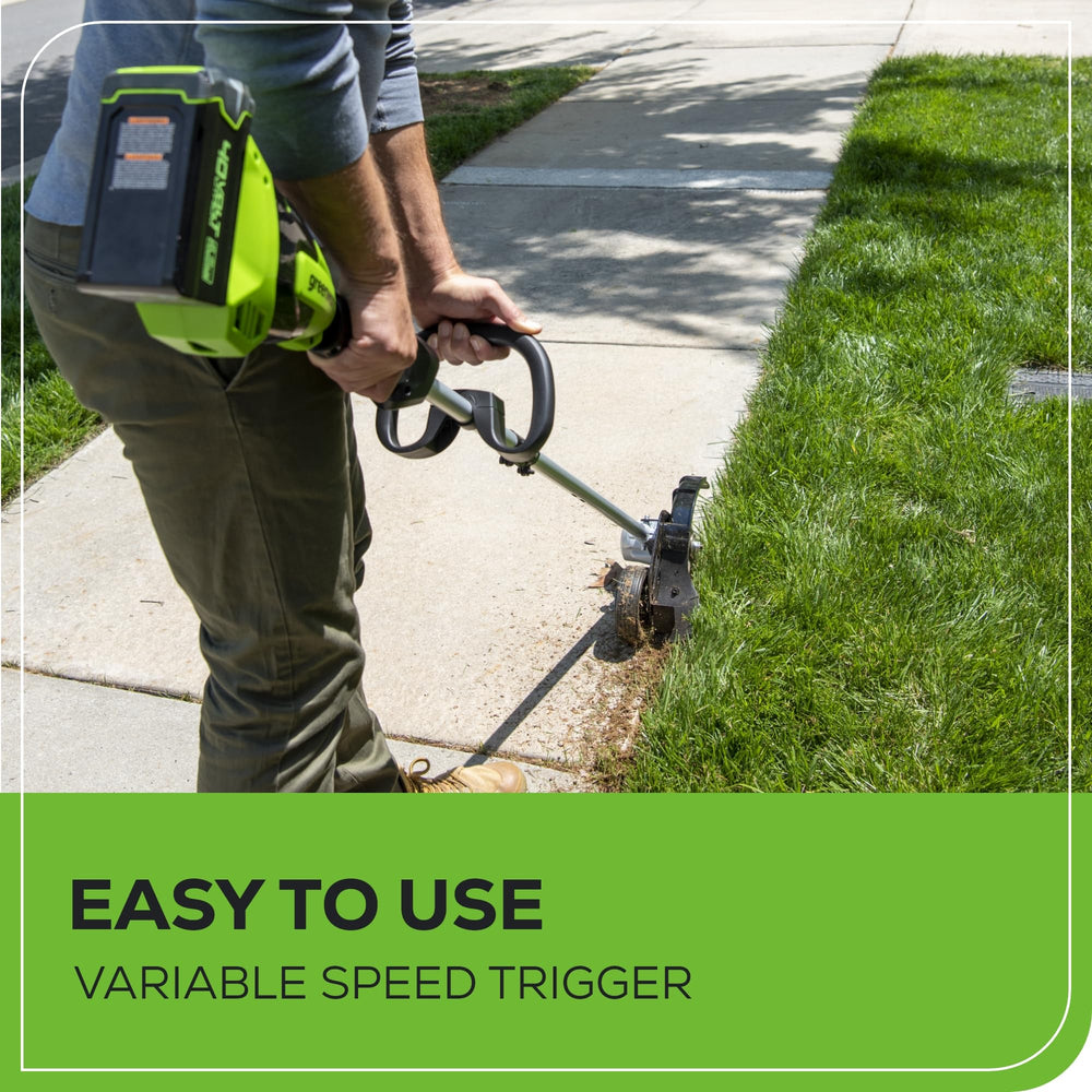 Greenworks battery mounted on tool for cordless runtime benefit