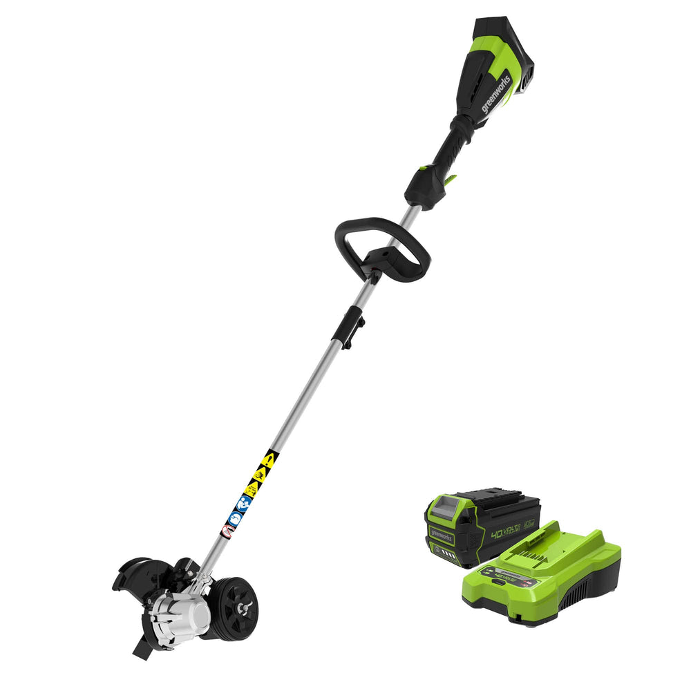 Greenworks edger front view showing tool and benefits for neat borders