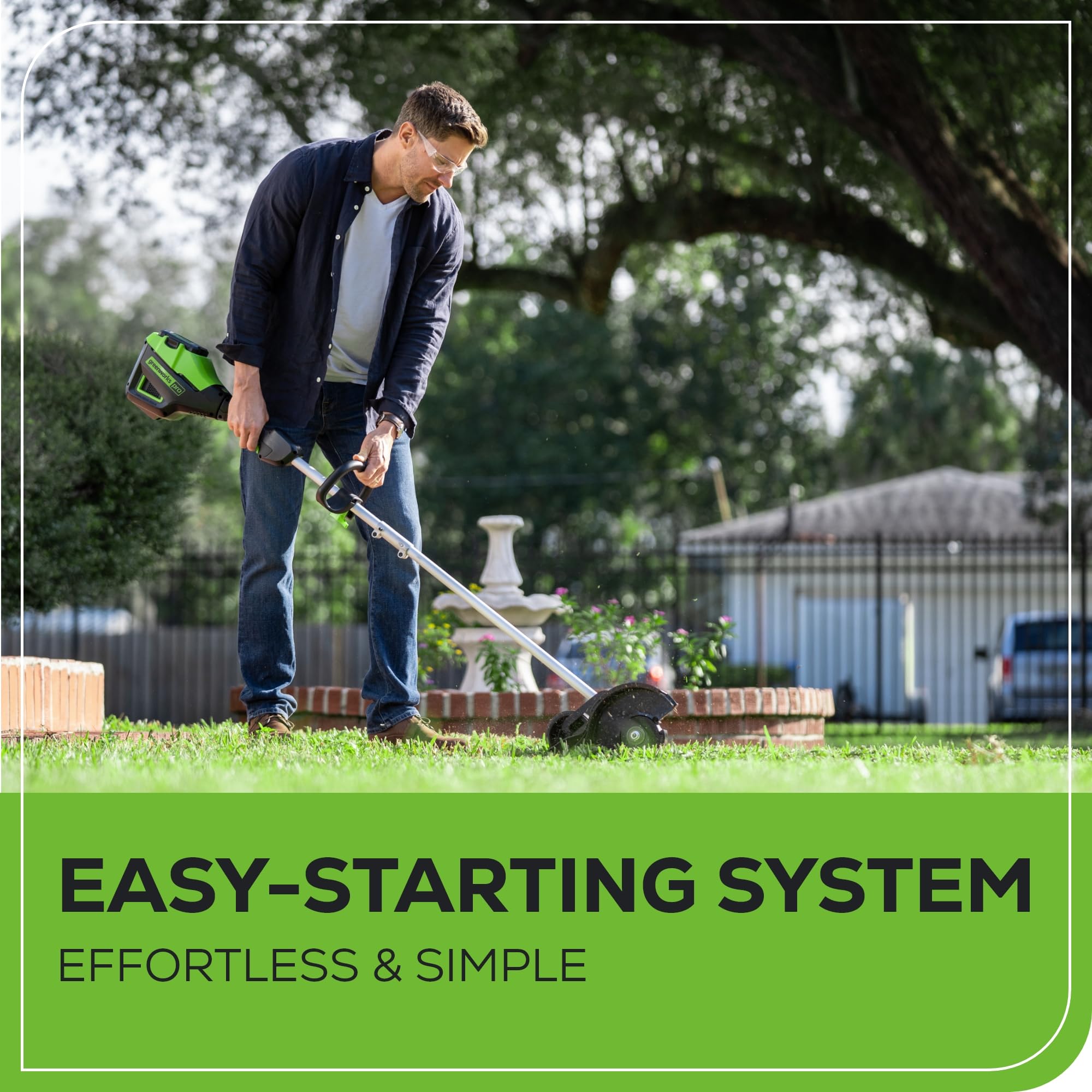 Greenworks edger in use along sidewalk demonstrating crisp edging results