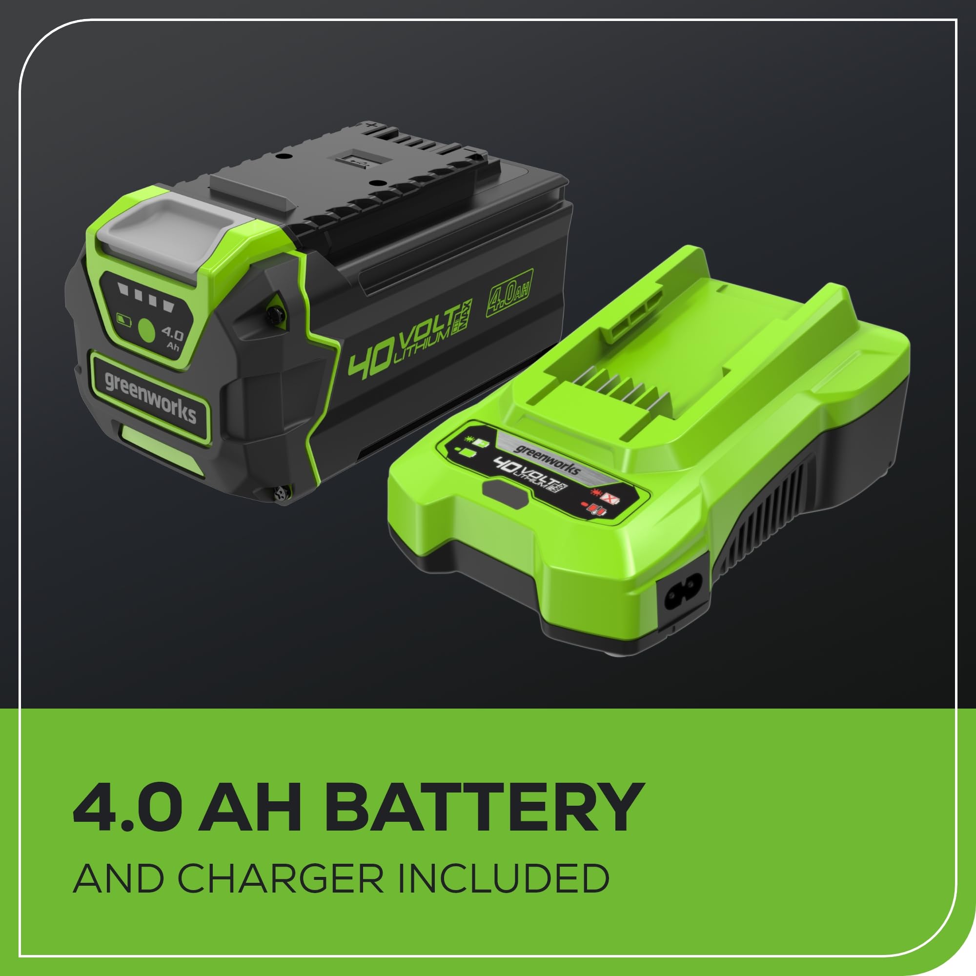 Greenworks next to common tools showing compact size and portability