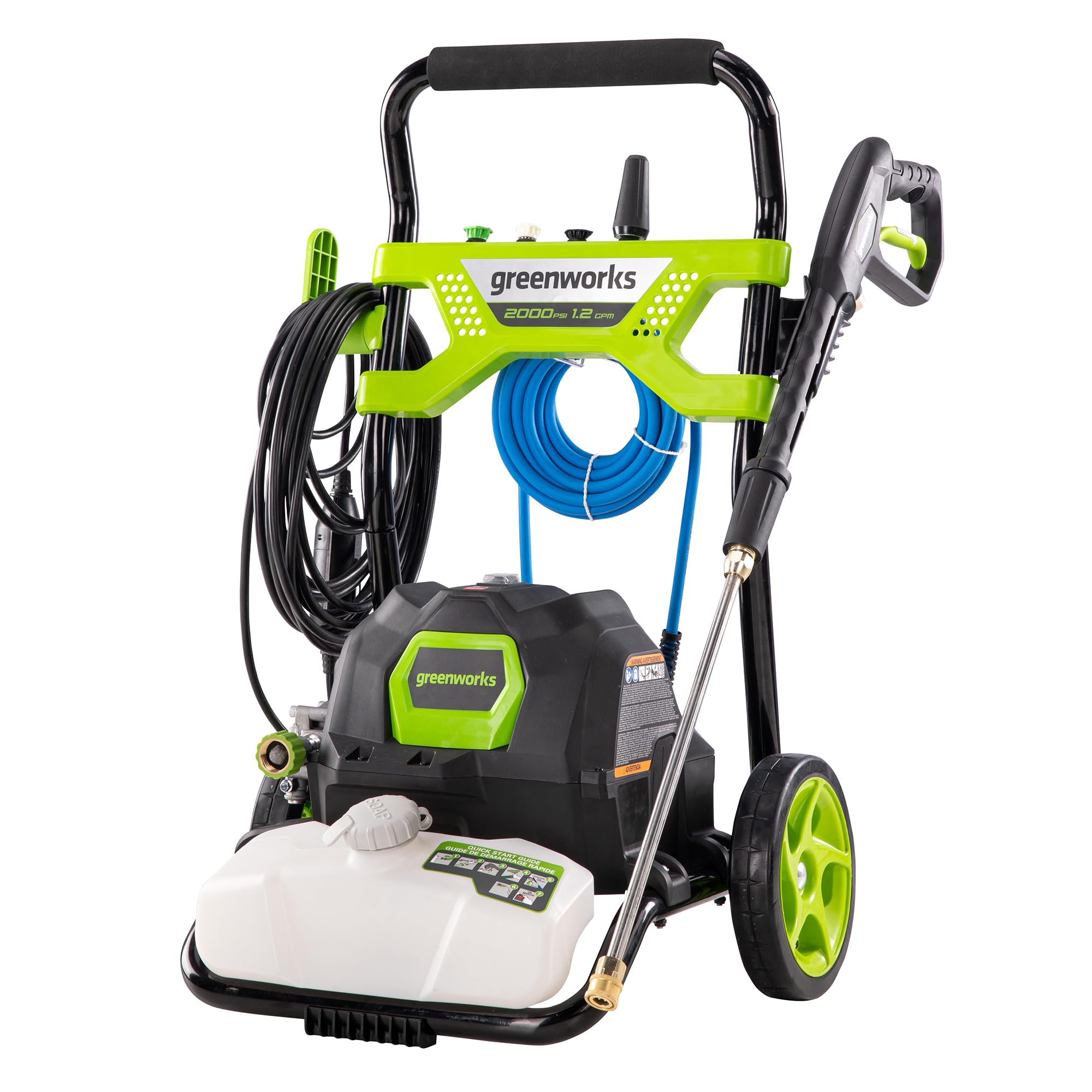 Greenworks front frame view showing compact portability and stable base