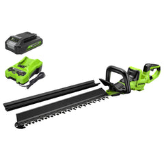 Greenworks front packaging showing 24V 24-inch trimmer and included battery benefits ease