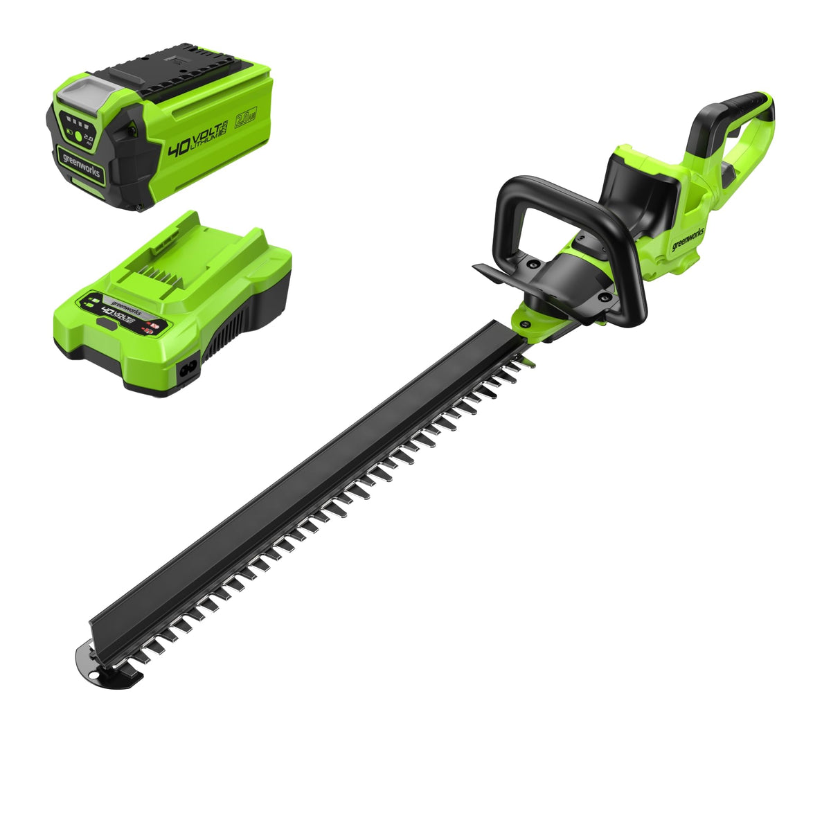 Greenworks front view of 26-inch trimmer showing full tool and battery benefit