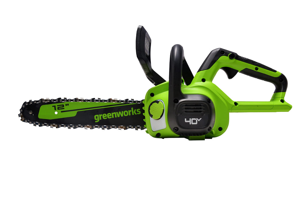 Greenworks front view showing compact chainsaw for easy storage and transport