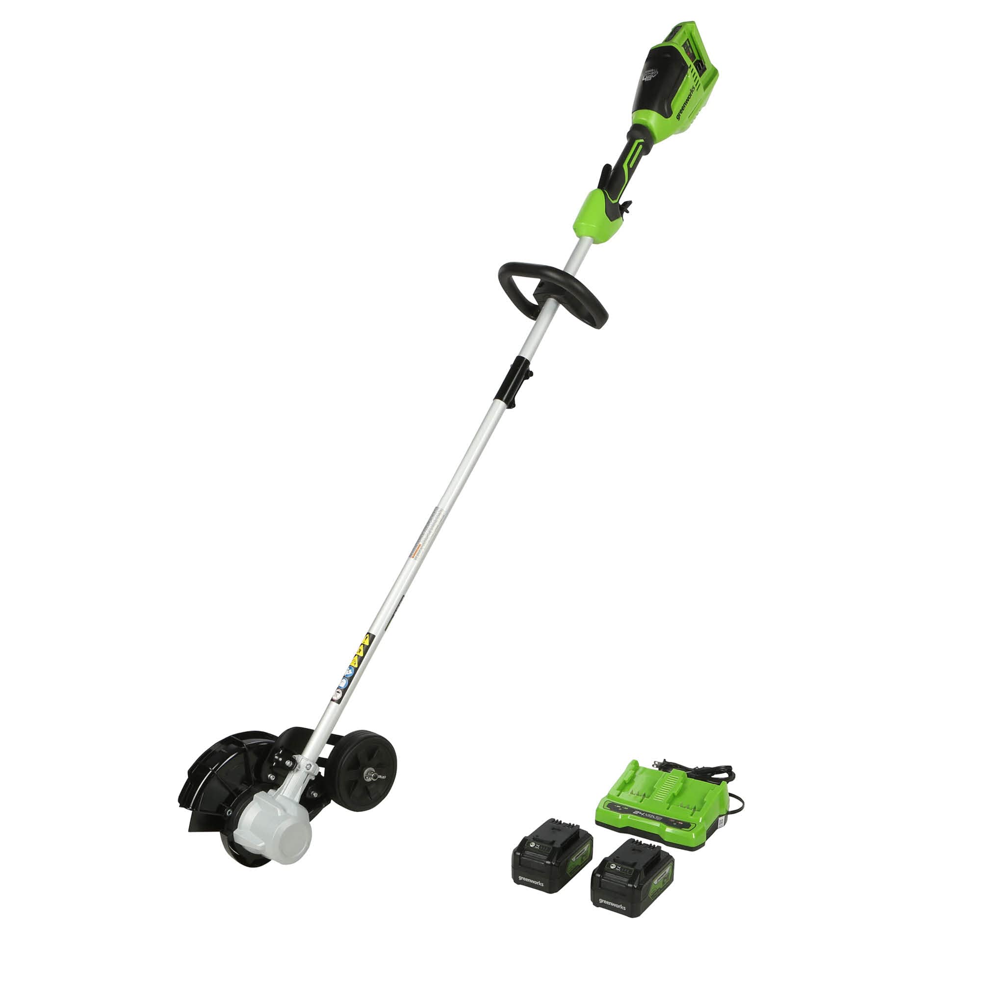 Greenworks front view of edger with batteries showing professional finish benefit