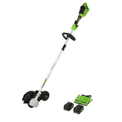 Greenworks front view of edger with batteries showing professional finish benefit