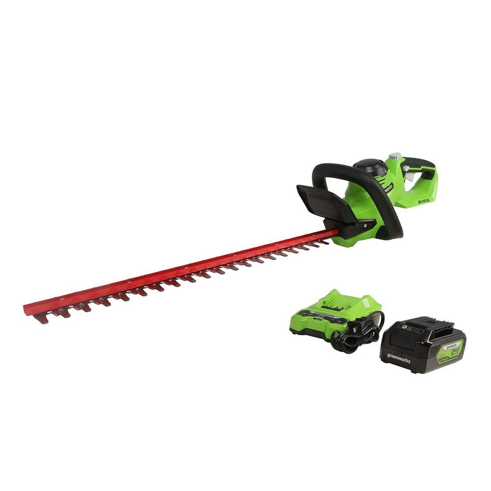 Greenworks front packaging showing the trimmer and included battery for easy start