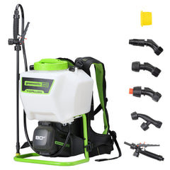 Greenworks front view of backpack sprayer showing complete unit and controls for efficient spraying