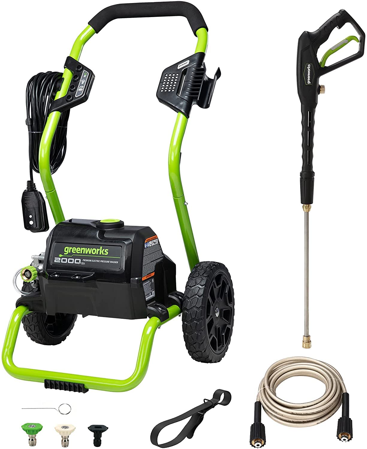 Greenworks front packaging view showing compact portable washer and benefits