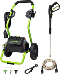 Greenworks front packaging view showing compact portable washer and benefits