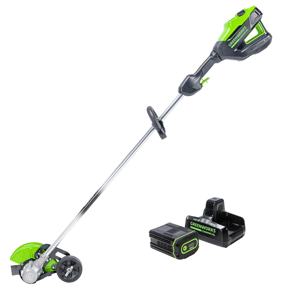 Greenworks front product view showing tool and ergonomic handle for comfortable control