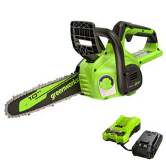 Greenworks front view of 10-inch chainsaw showing compact design and portability benefit