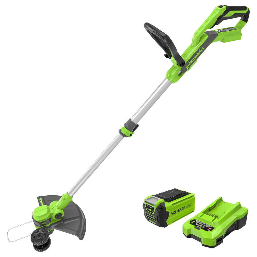 Greenworks front view assembled trimmer showing compact design and balance