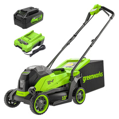 Greenworks front view assembled mower showing compact design and easy storage