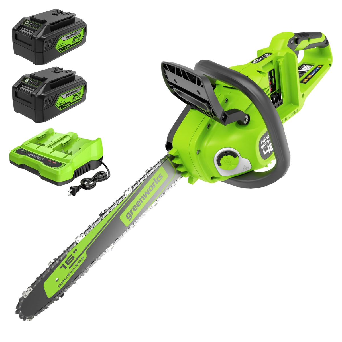 Greenworks front view of chainsaw showing controls and easy start benefits