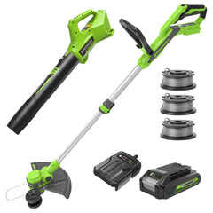 Greenworks front view combo kit showing trimmer blower and battery for versatile yard work