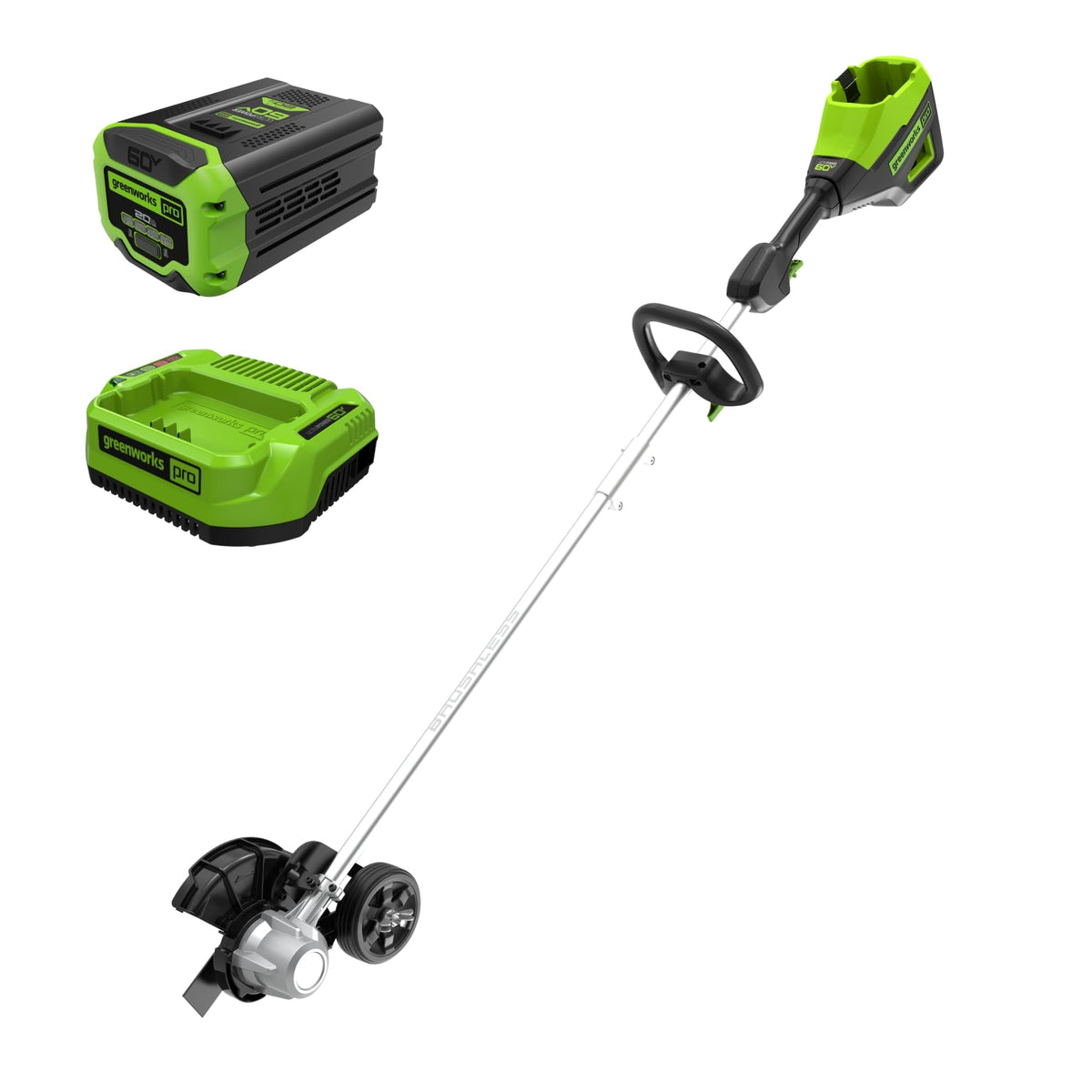 Greenworks front view of edger showing clean professional design and easy handling