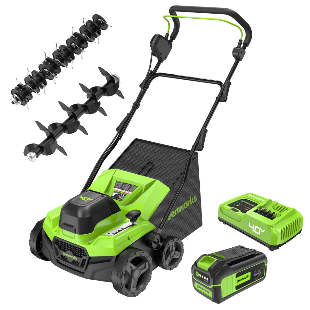 Greenworks front view shows machine and included battery for easy startup