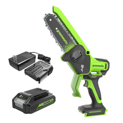 Greenworks front view of pruning chainsaw showing compact design and included battery