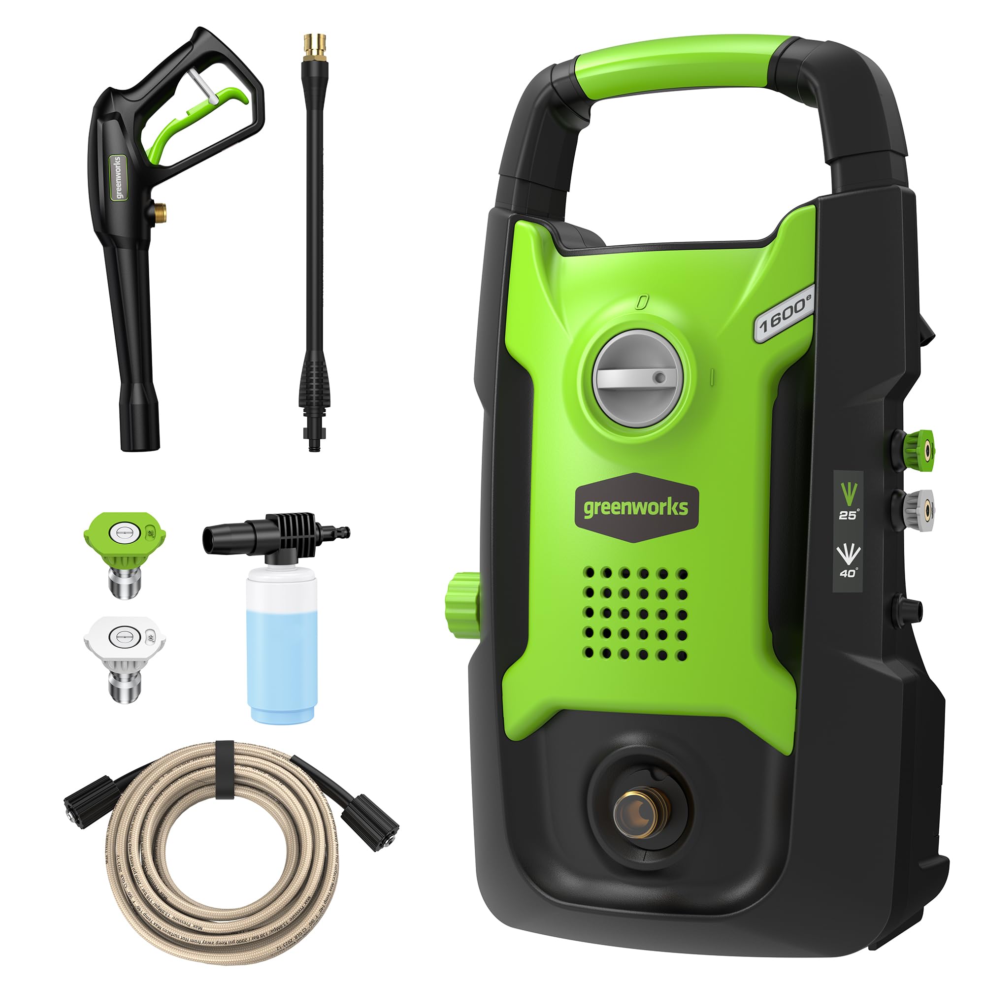 Greenworks pressure washer front view showing compact design and portability benefits