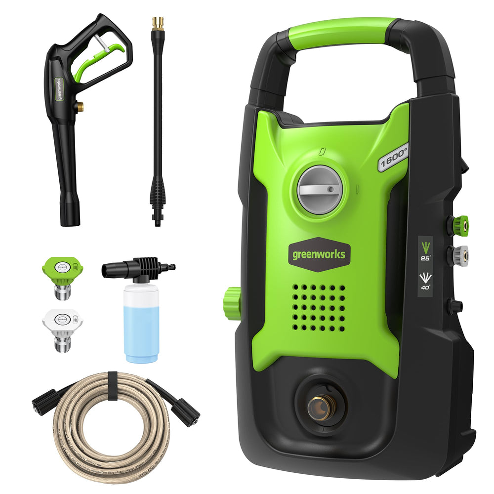 Greenworks pressure washer front view showing compact design and portability benefits
