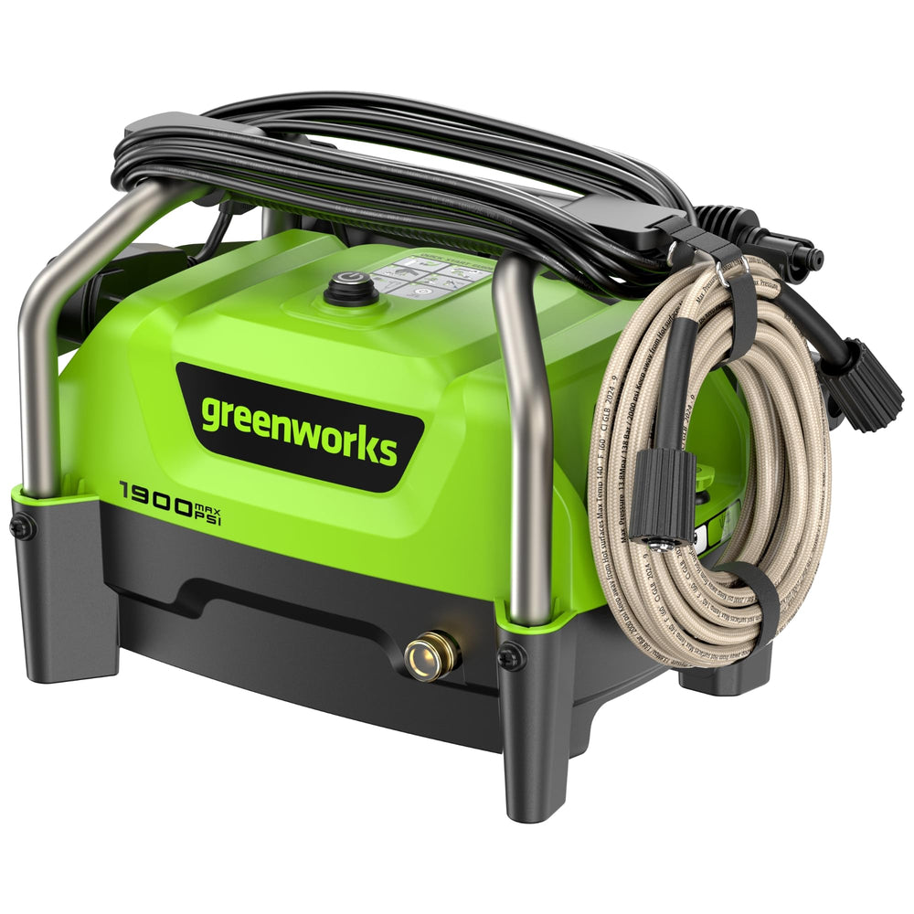 Greenworks front view of pressure washer showing compact design and portability benefit