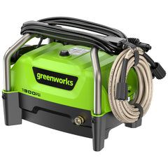 Greenworks front view of pressure washer showing compact design and portability benefit