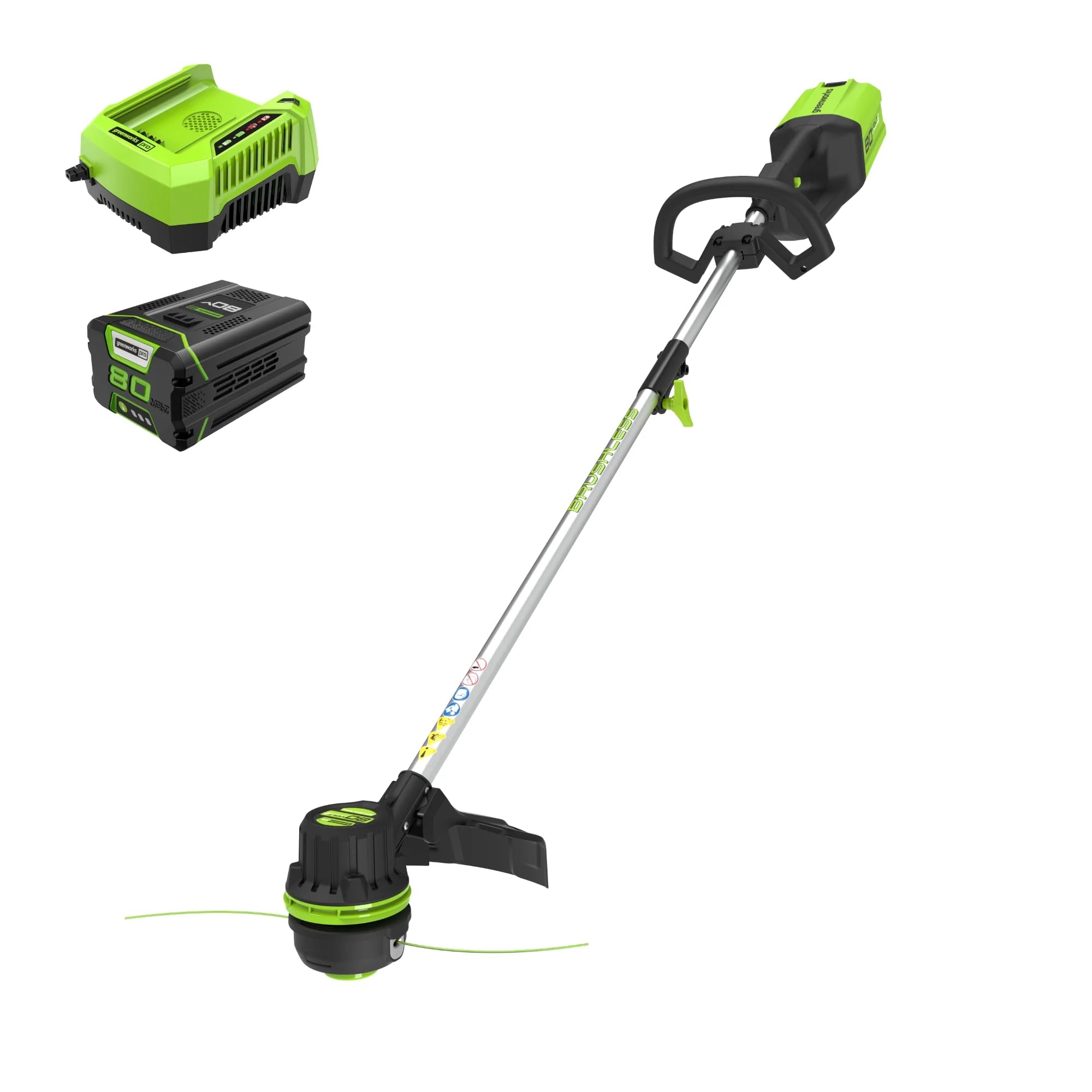 Greenworks front view of trimmer showing full tool and cutting head benefit efficient coverage