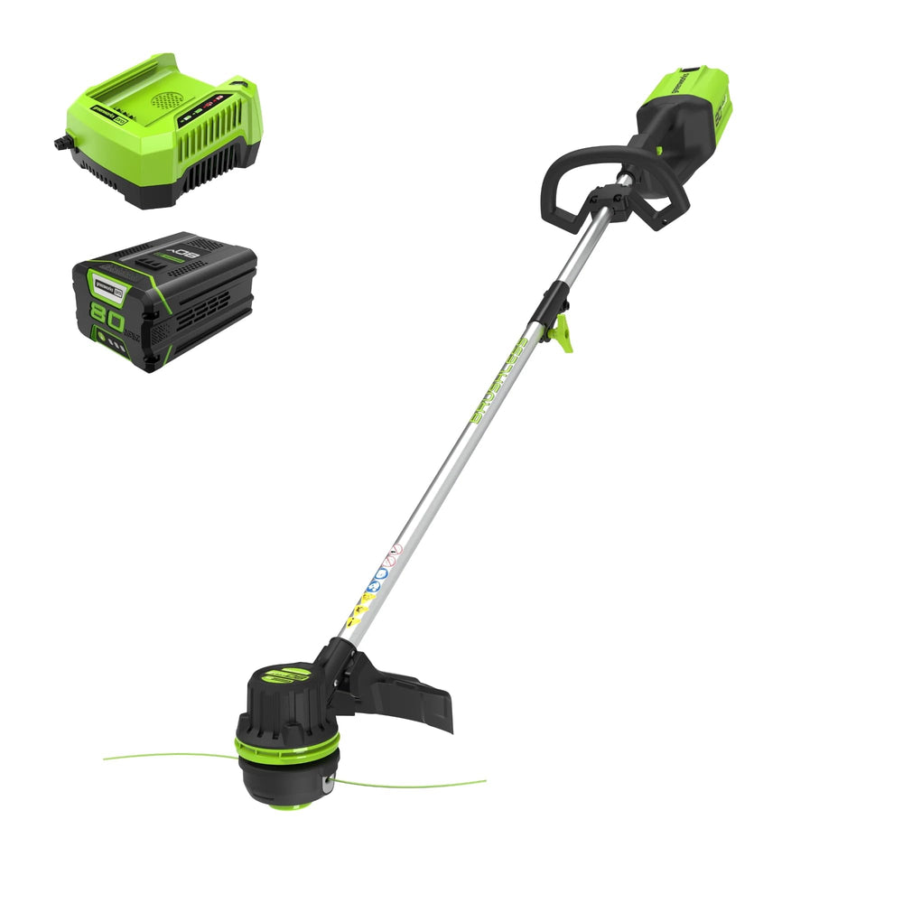 Greenworks front view of trimmer showing full tool and cutting head benefit efficient coverage