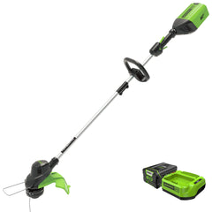 Greenworks front view of trimmer showing controls and balanced design for comfort