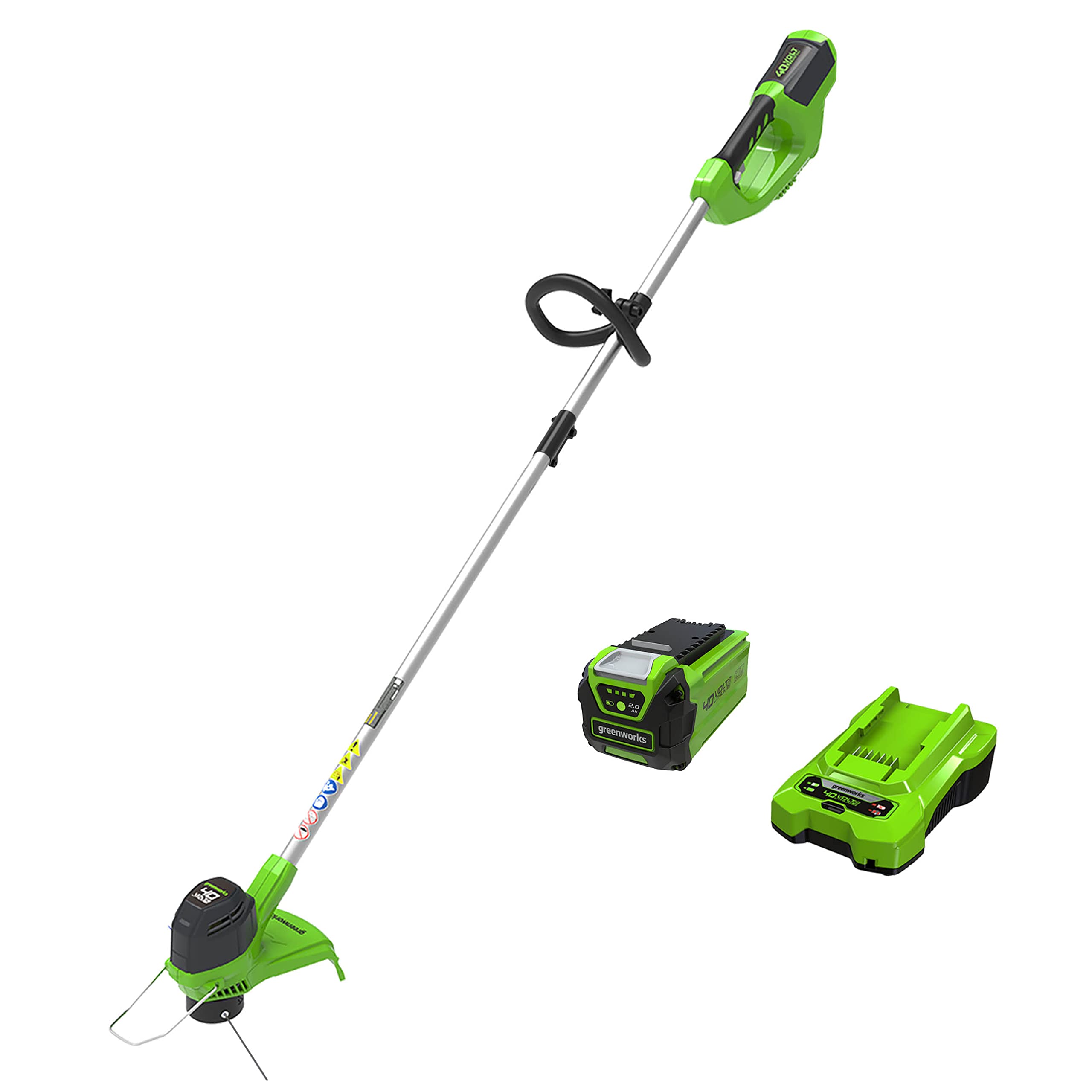 Greenworks front view of trimmer showing compact design and easy handling