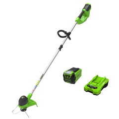 Greenworks front view of trimmer showing compact design and easy handling