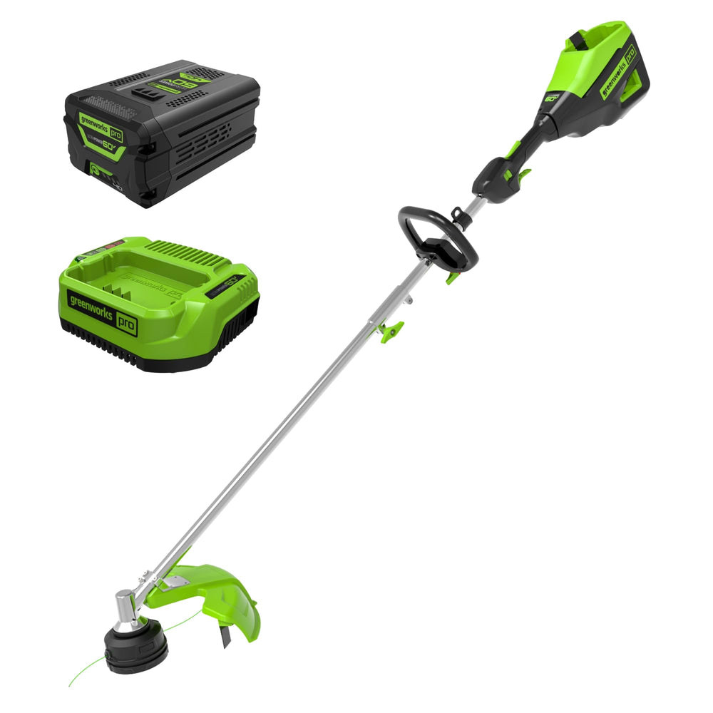 Greenworks front view of trimmer showing whole tool and ready-to-work benefit