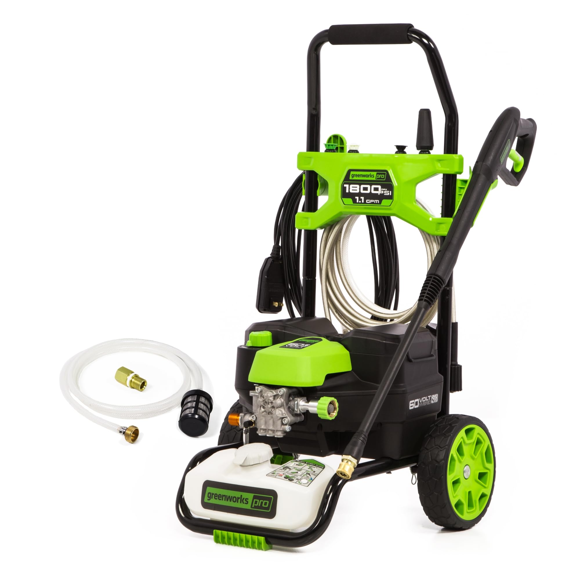 Greenworks front view of washer showing compact frame and wand for easy storage and transport