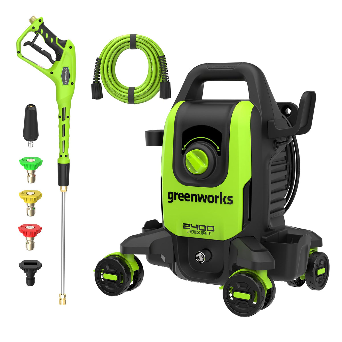 Greenworks front view of unit showing compact design and portability benefit