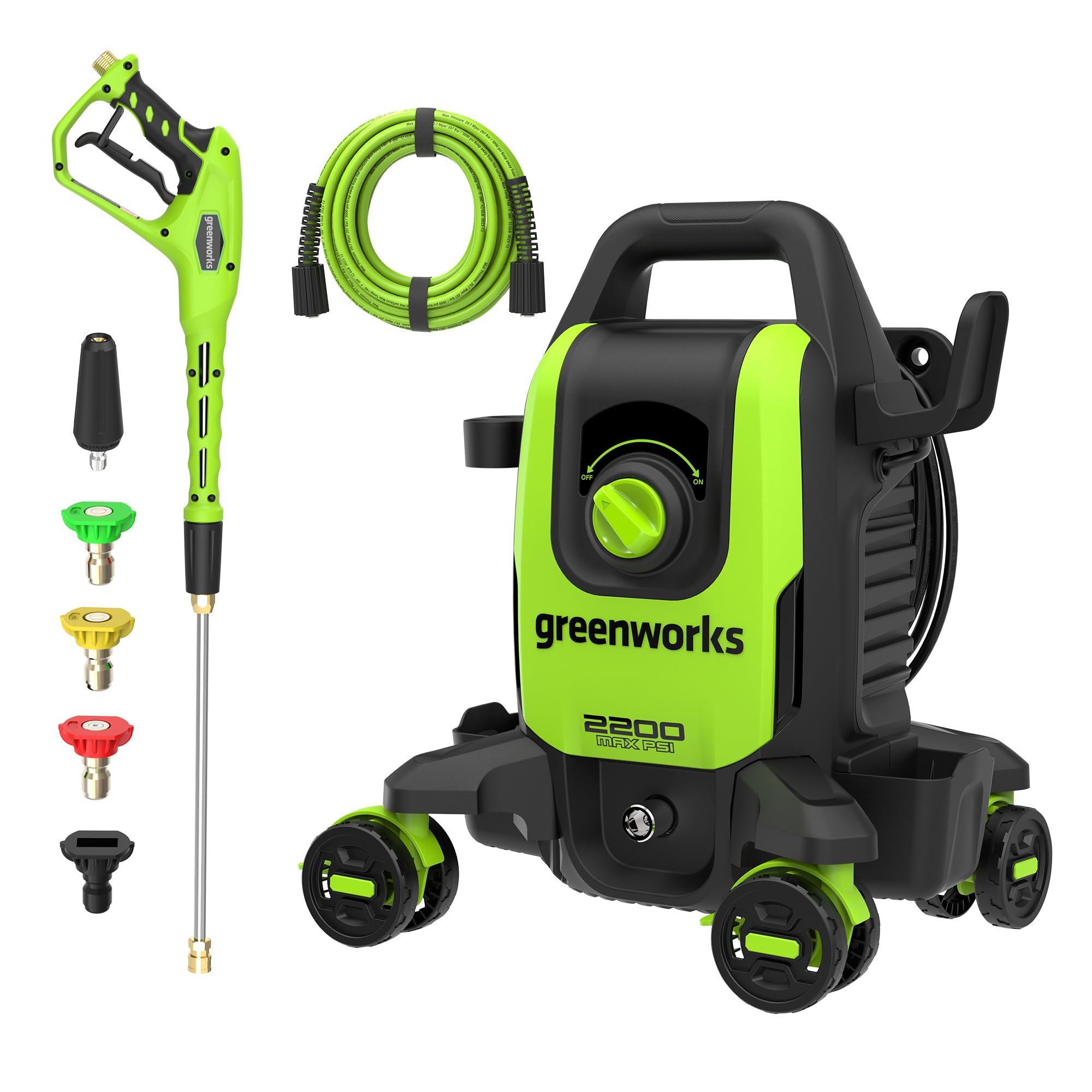 Greenworks front view of pressure washer showing compact design and portability benefits