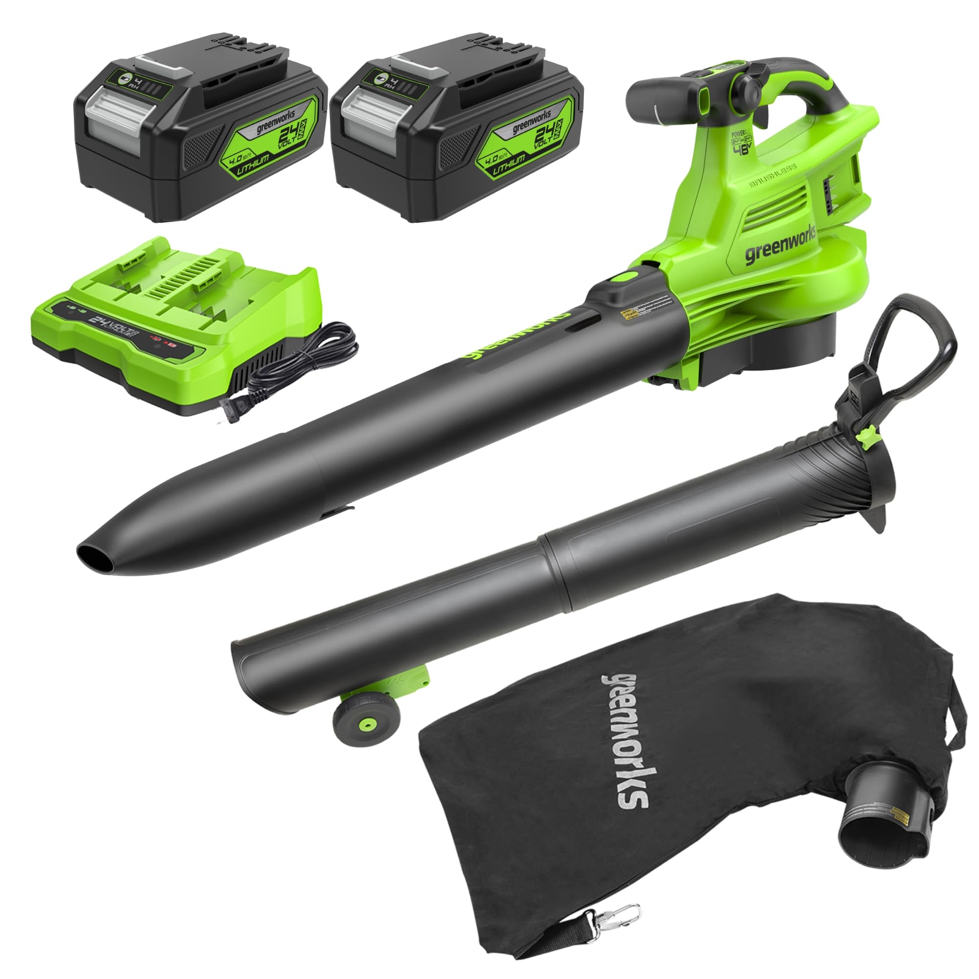 Greenworks front view of blower showing design and quick-start benefit