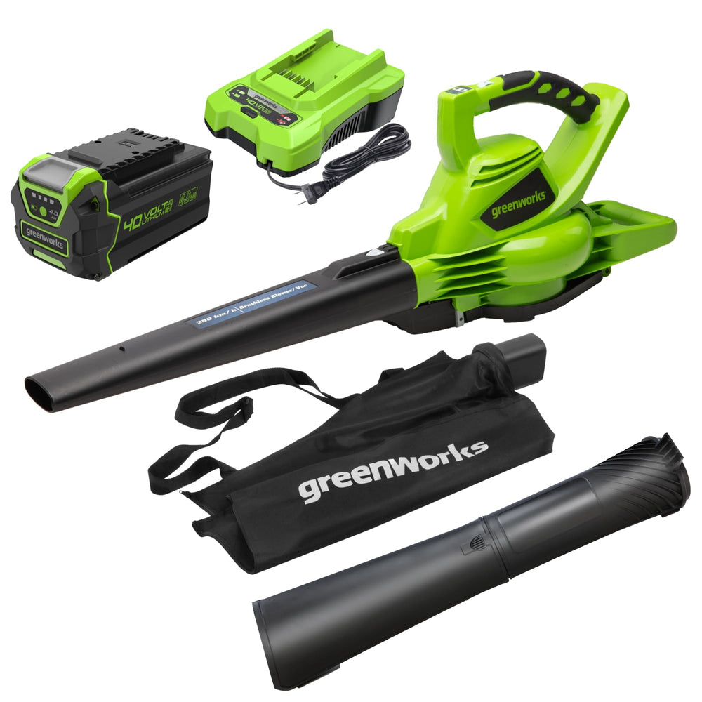 Greenworks front view of blower vacuum showing compact design and fast cleanup