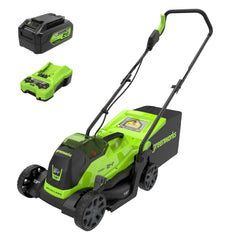 Greenworks front view showing compact mower and easy-start benefit
