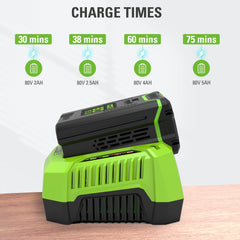 Greenworks GCH8040 with an 80V battery mounted demonstrating quick swap convenience