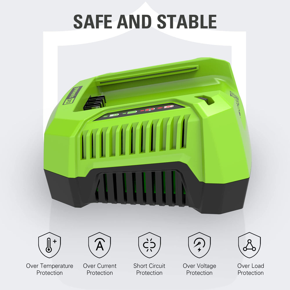 Greenworks GCH8040 stored in a garage on a shelf showing compact professional organization