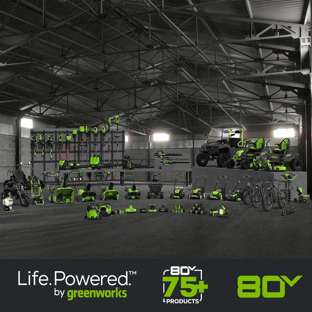 Greenworks GCH8040 on a landscaping site with tools showing faster battery turnaround benefits