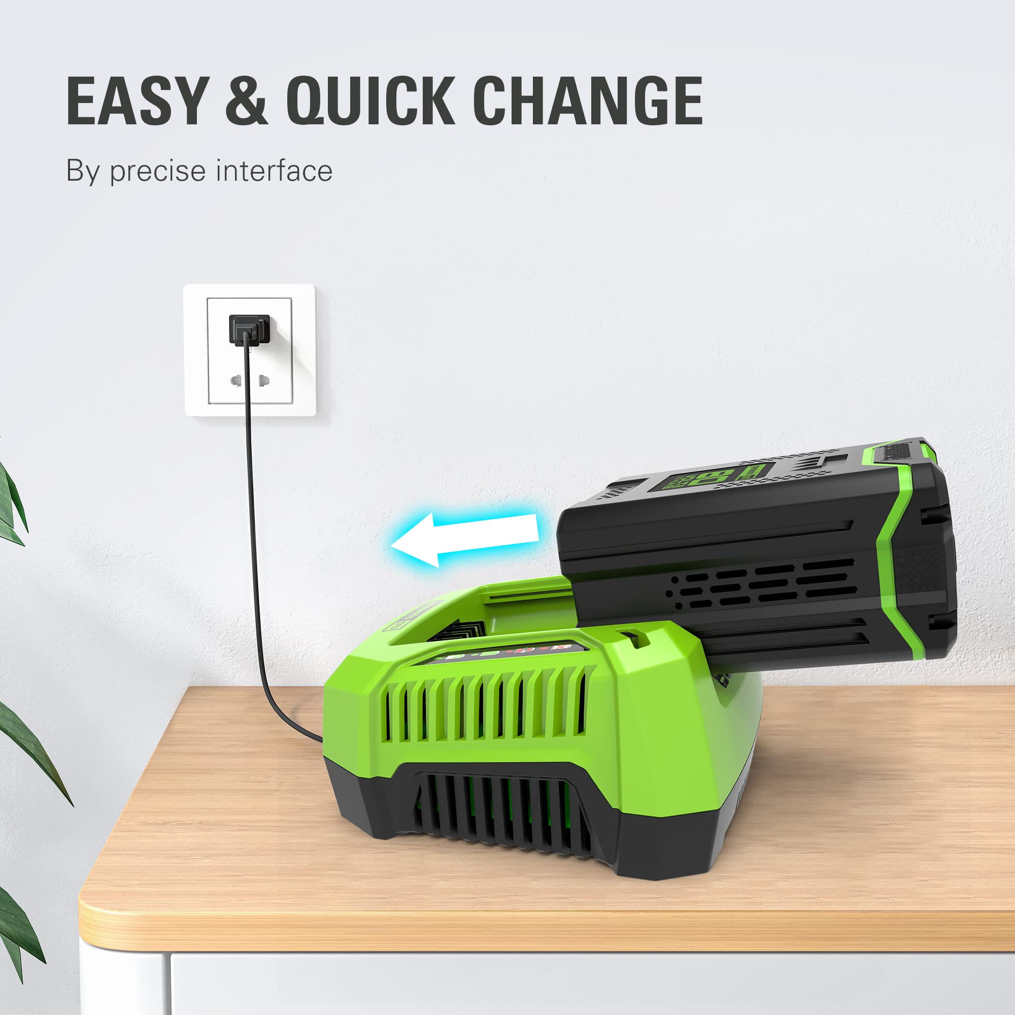Greenworks GCH8040 next to an 80V battery showing charger size for easy space planning