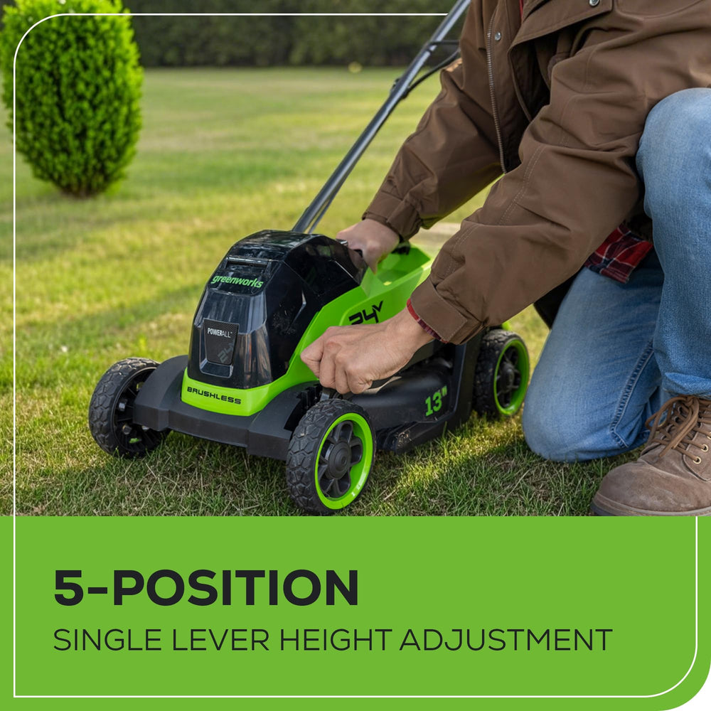 Greenworks mower with grass bag attached demonstrating tidy clipping collection