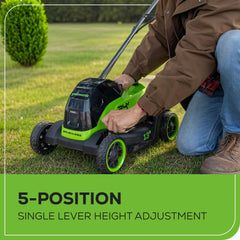 Greenworks mower with grass bag attached demonstrating tidy clipping collection