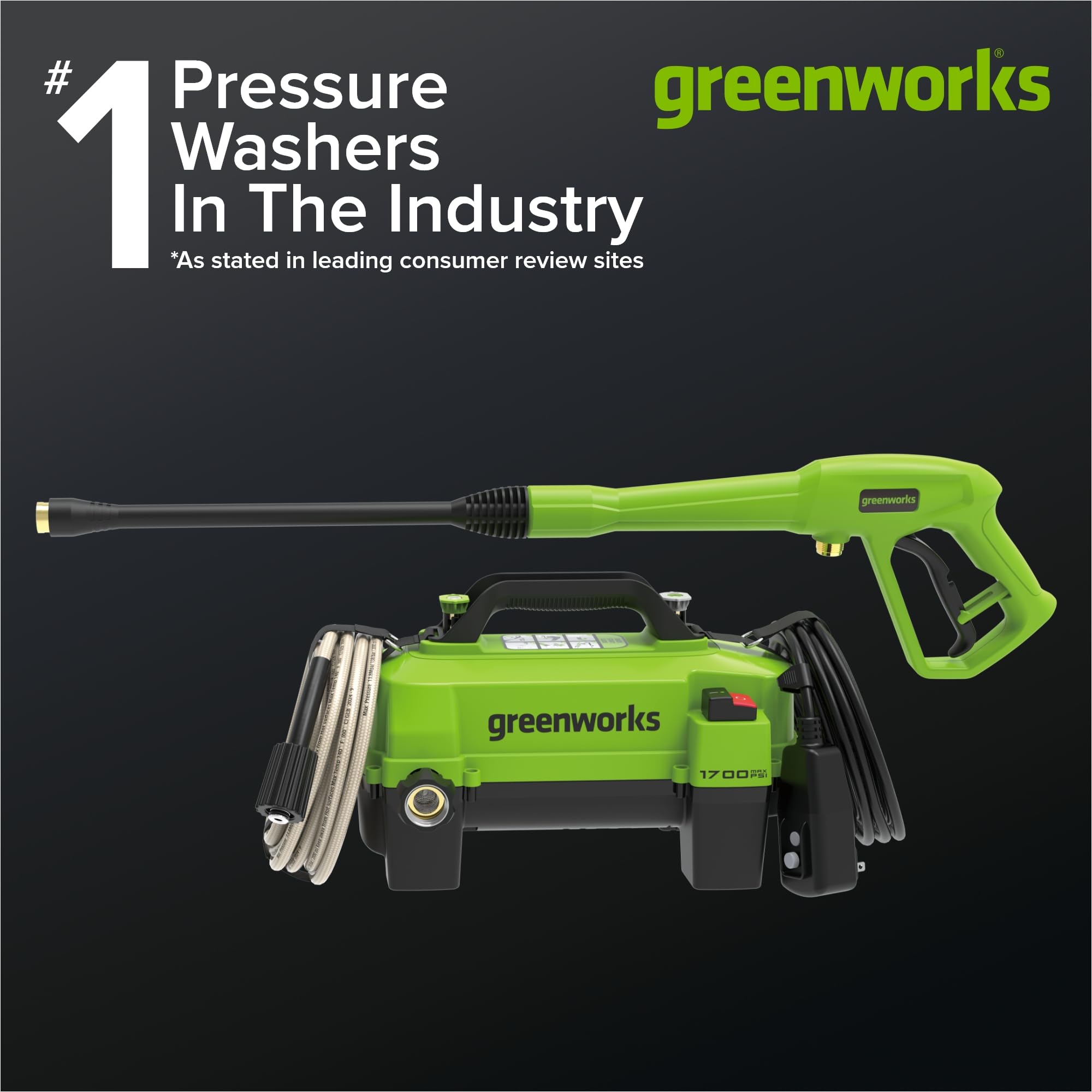 Greenworks gun and included nozzles showing quick-connect convenience