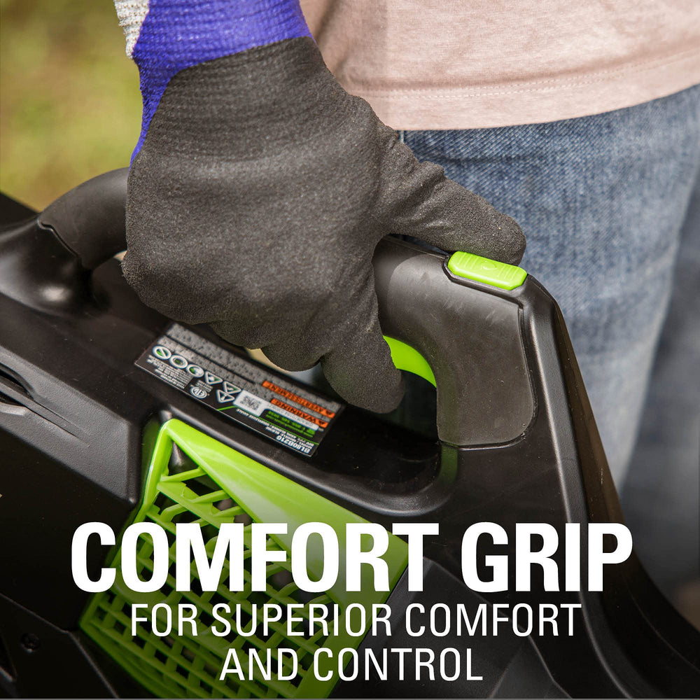 Greenworks comfort grip and trigger control showing reduced fatigue benefit